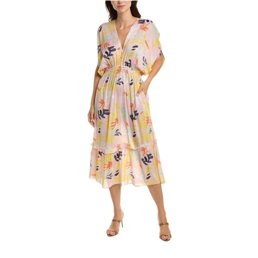LemLem Reef Flutter Sleeve Maxi Dress Pink Tiered Ruffle Metallic Summer XS New
